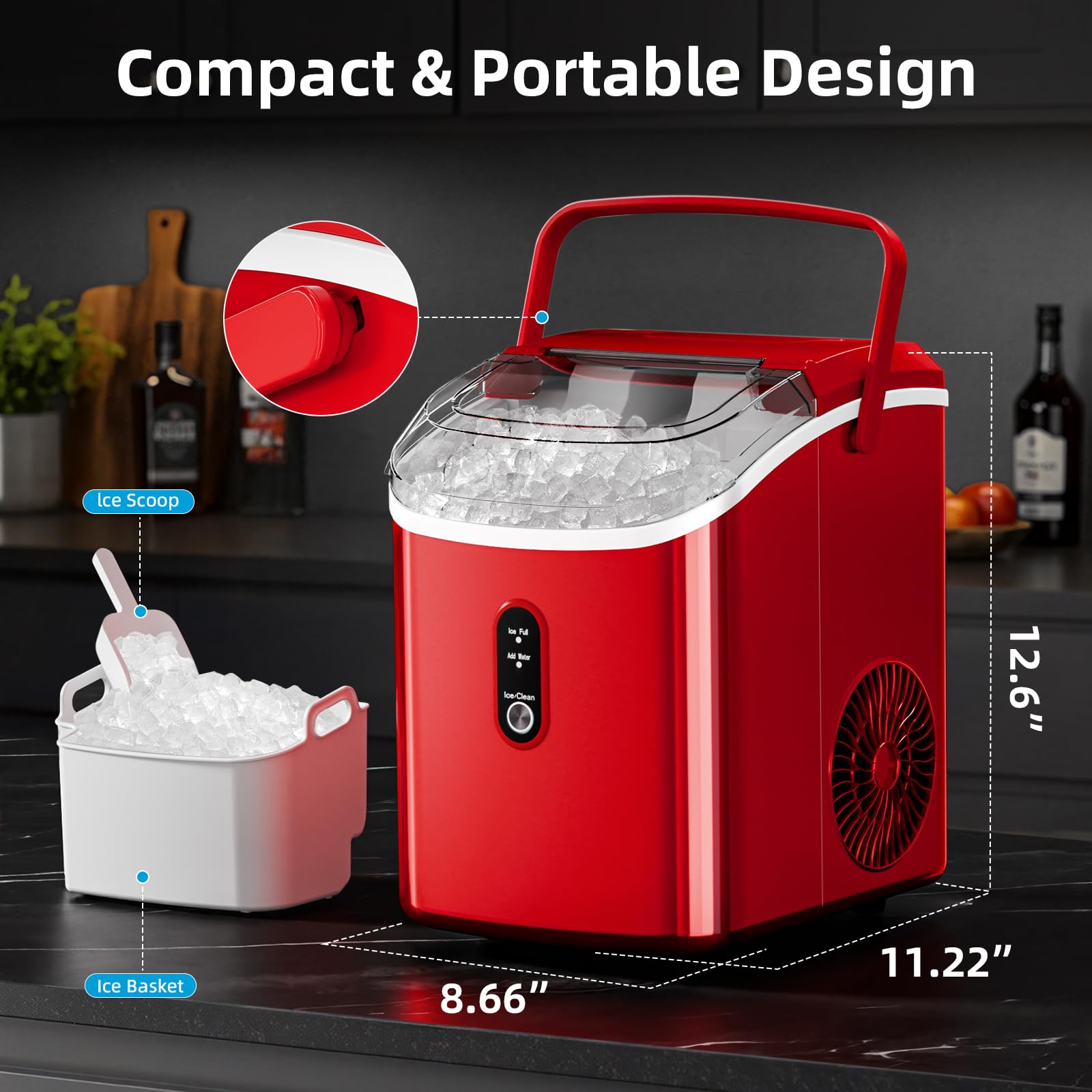 Nugget Countertop Ice Maker With Soft Chewable Pellet Ice, 34lbs/24h,Pebble Portable Ice Machine With Ice Scoop, Self-Cleaning, One-Click Operation, For Kitchen/Office/Bar, Red on Fridge.com - View 3