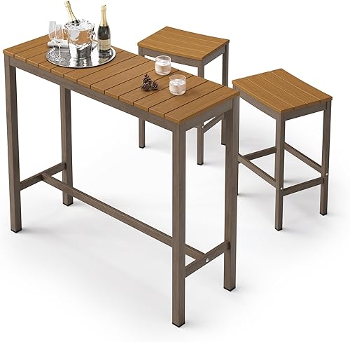 Miniatura 13 de Juego de mesa y sillas de altura de barra para exteriores, 3 piezas con parte superior negra y patas de bronce para patio, con mesa superior alta