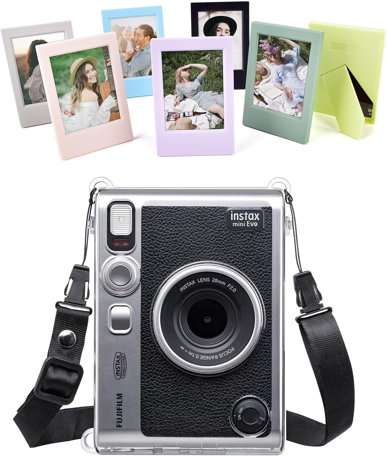 Clear Case Compatible for Instax Mini EVO Instant Camera with Adjustable Shoulder Strap & 7 Pack 2x3 Mini Photo Frame - Fuji EVO Camera Accessories