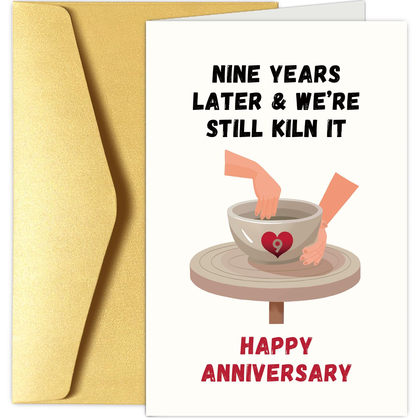 Funny 9th Anniversary Card & Gift for Husband Wife, Pottery Anniversary Pun Card Gifts for Him Her, 9 Years Together Wedding Anniversary Card for