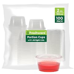 Freshware Plastic Portion Cups with Lids 2 Ounce 100 Sets Disposable Plastic Cups for Meal Prep Salad Dressing