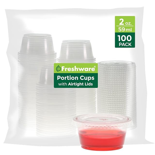 Freshware Plastic Portion Cups with Lids 2 Ounce 100 Sets Disposable Plastic Cups for Meal Prep Salad Dressing