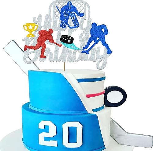 Miniatura 6 de Decoración para pastel de hockey sobre hielo | Decoraciones de cumpleaños de hockey sobre hielo para niños, niñas, adultos – tema deportivo plateado