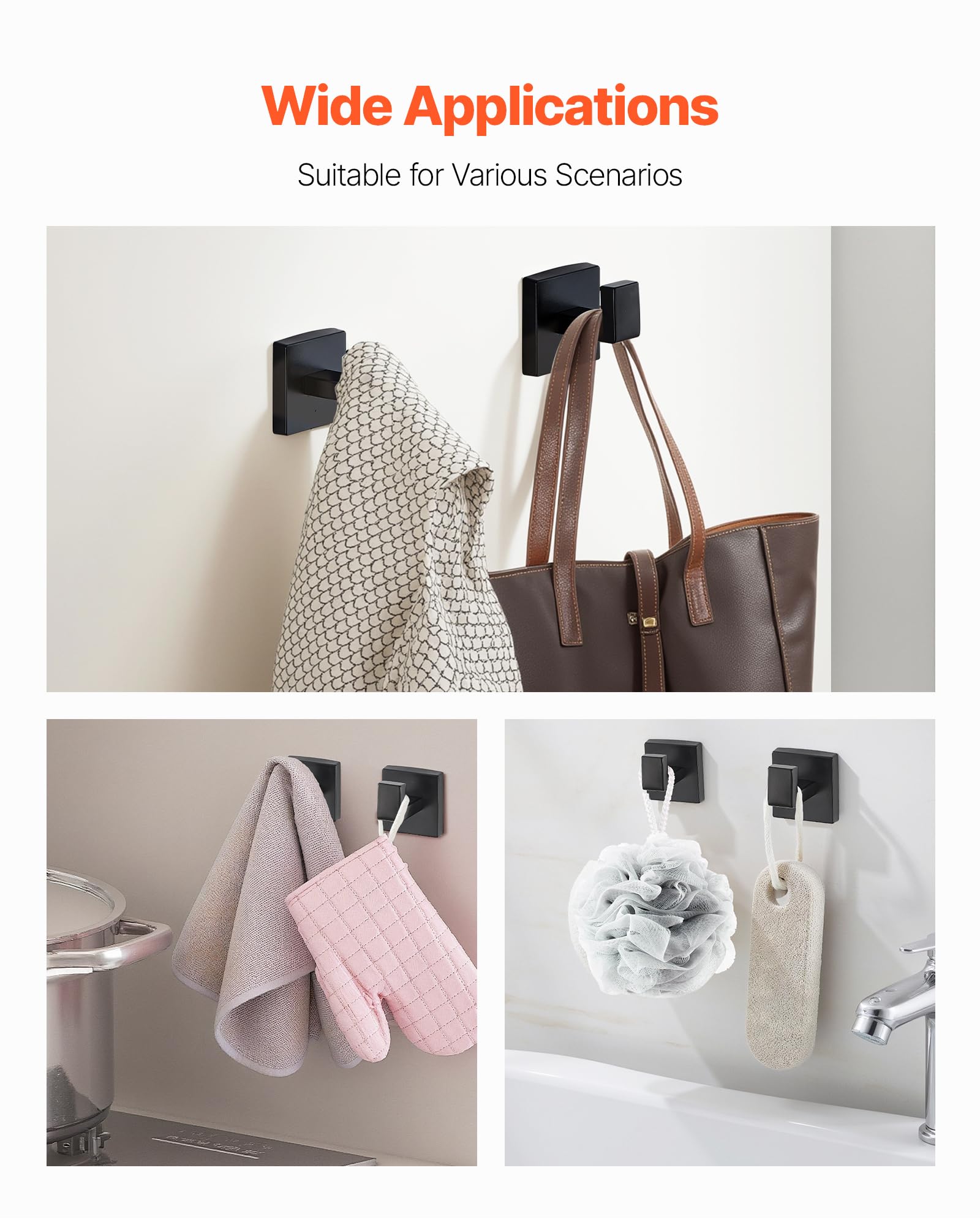 VEVOR Juego de Accesorios de Baño, con 2 Toalleros, 2 Porta Toallas Anillo Cuadrado, 2 Ganchos de 4 Piezas y 2 Portarrollos de Papel Higiénico, en Pared, Negro Mate, 10 uds, 595 x 100 x 80 mm