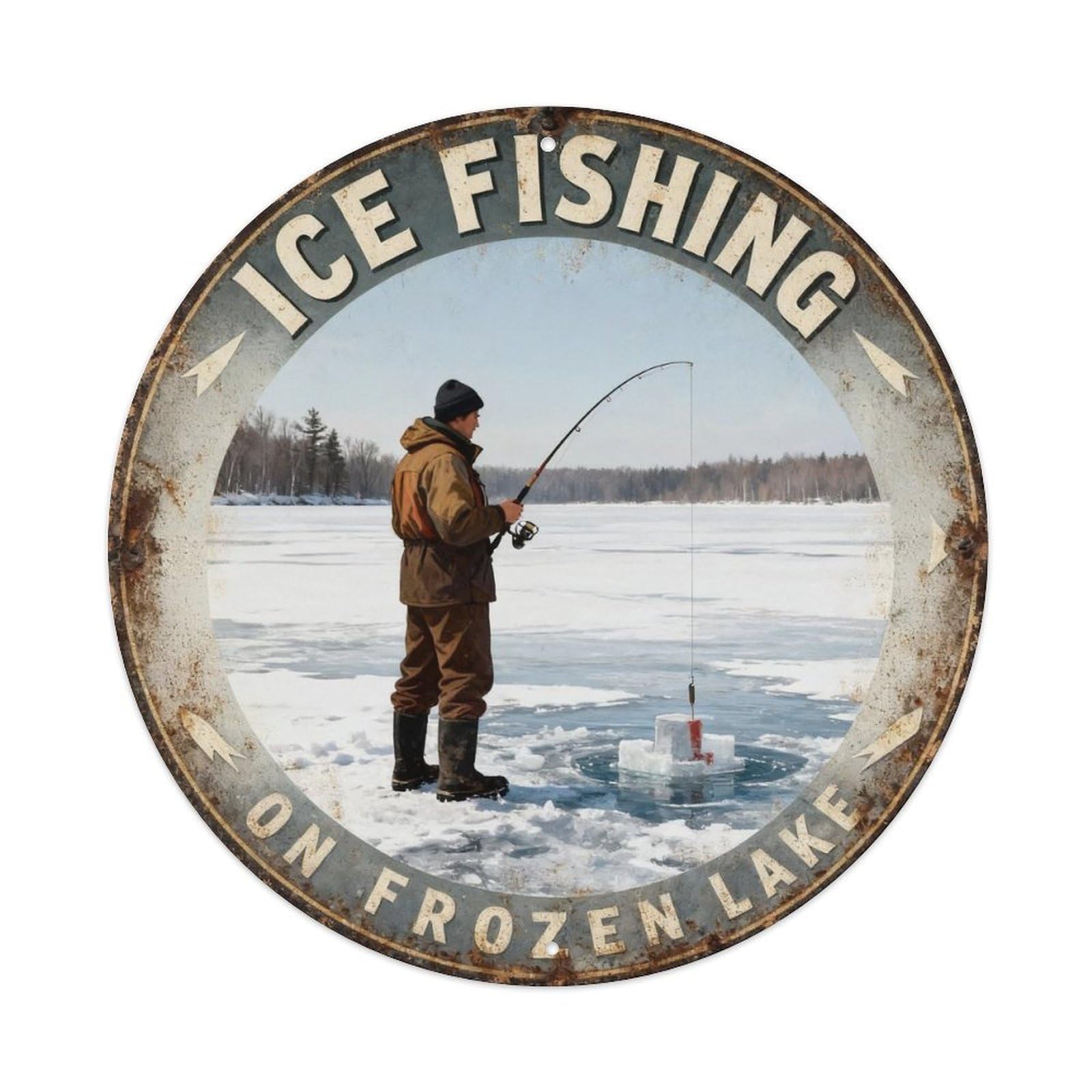 Ice Fishing on Frozen Lake Metal Tin Sign Plaque