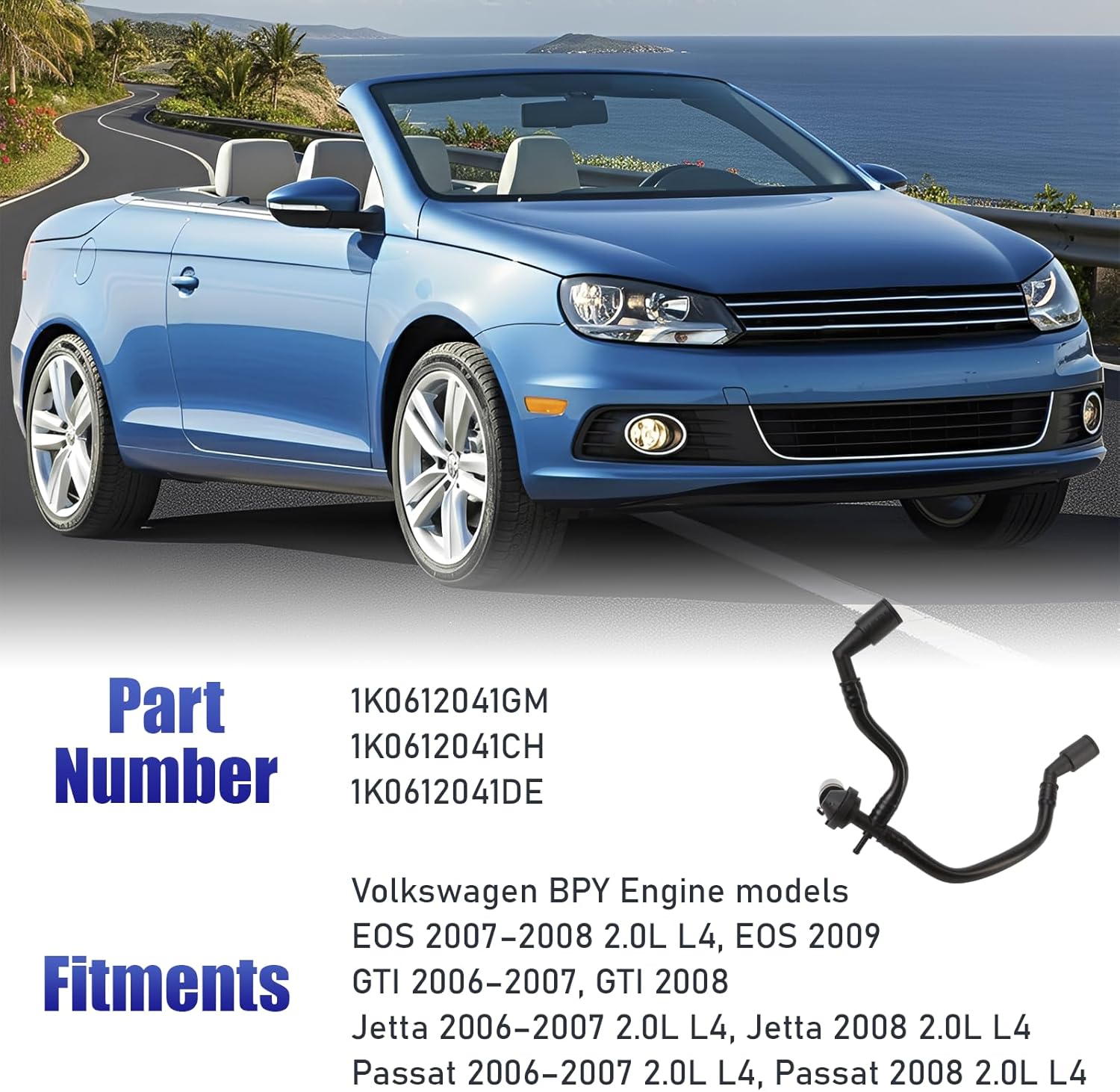 Brake Booster Vacuum Hose with Check Valve Fit for VW BPY 2.0L EOS, GTI, Jetta, Passat - Part Number 1K0612041GM