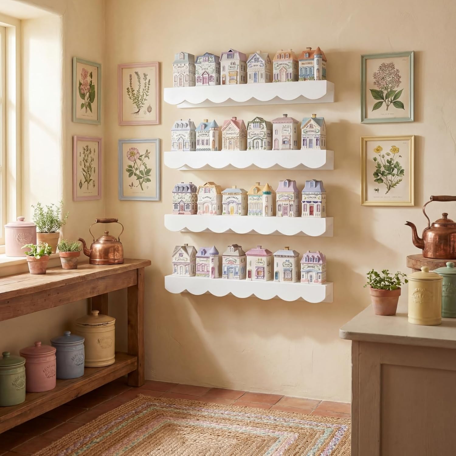 Chunful 4 Tiers Spice Rack Wall Mounted 15.75 x 4.72 x 1.97 Inches Floating Scalloped Display Shelves Wooden Display Stand for Spice Jars Holds 24 Vintage Jars Kitchen Wall