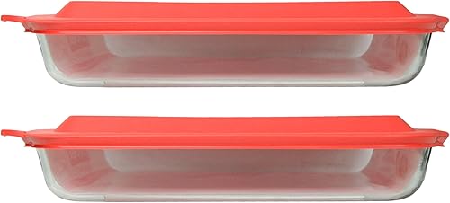 Pyrex (2) 233 Rectángulo oblongo Rectángulo transparente Cacerola para hornear platos y (2) 233-PC tapas rojas