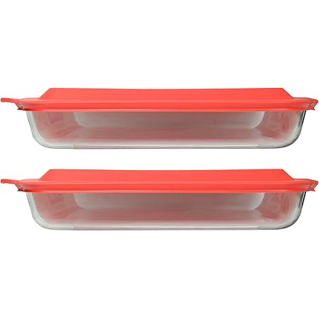 Pyrex (2) 233 Oblong Rectangle Clear Glass Casserole Baking Dishes & (2) 233-PC Red Lids Made in the USA
