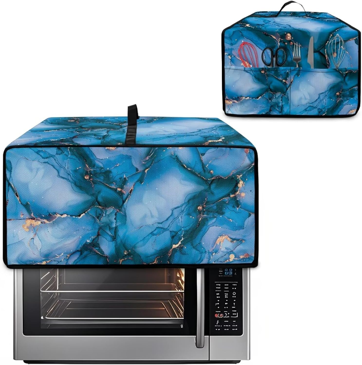 Toaster Oven Dust Cover with Storage Pockets, Dust Protection Smart Oven Cover for Kitchen Countertop Home Decor, S, 14.5 x 18.5 x 9 Inches, Blue Gold Marble image 2