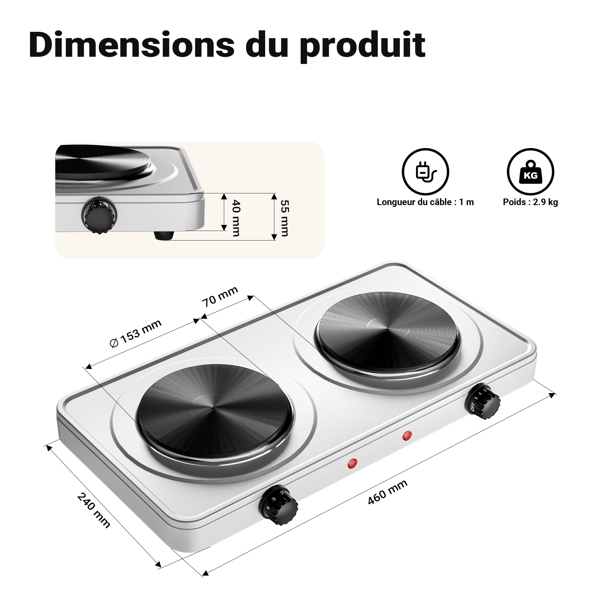 Wiltec Double plaque chauffante 2000 W, 460 x 240 x 55 mm, Ø 15,5 cm/plaque, plaque de cuisson camping, cuisinière électrique, réchaud