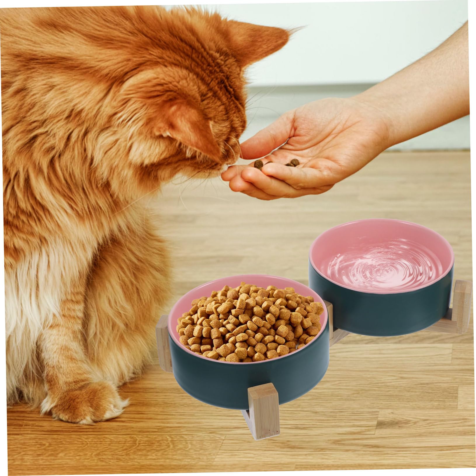 SUPVOX Gamelle Céramique Chat Double avec Support en Bois pour Nourriture et Eau, Design Élégant et Pratique