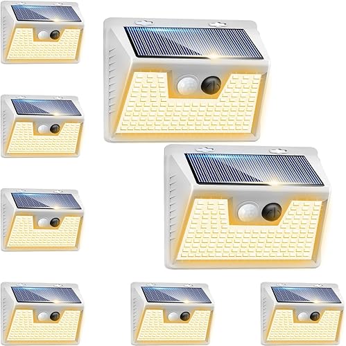 Miniatura 49 de Peasur Luces solares con sensor de movimiento para exteriores, paquete de 2 140 luces LED para valla, impermeable, marco blanco, iluminación de