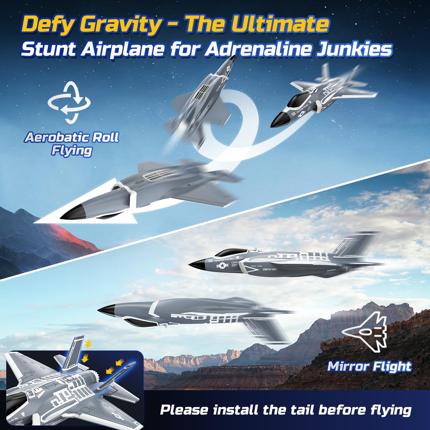 DEERC F35 Avion Teledirigido sin escobillas de 4 Canales Adulto, Avión RC de Control Remoto EDF, avión de Combate, estabilizador giroscópico de 6 Ejes de 2,4 GHz, Planeador EPP RTF, avión de Juguete