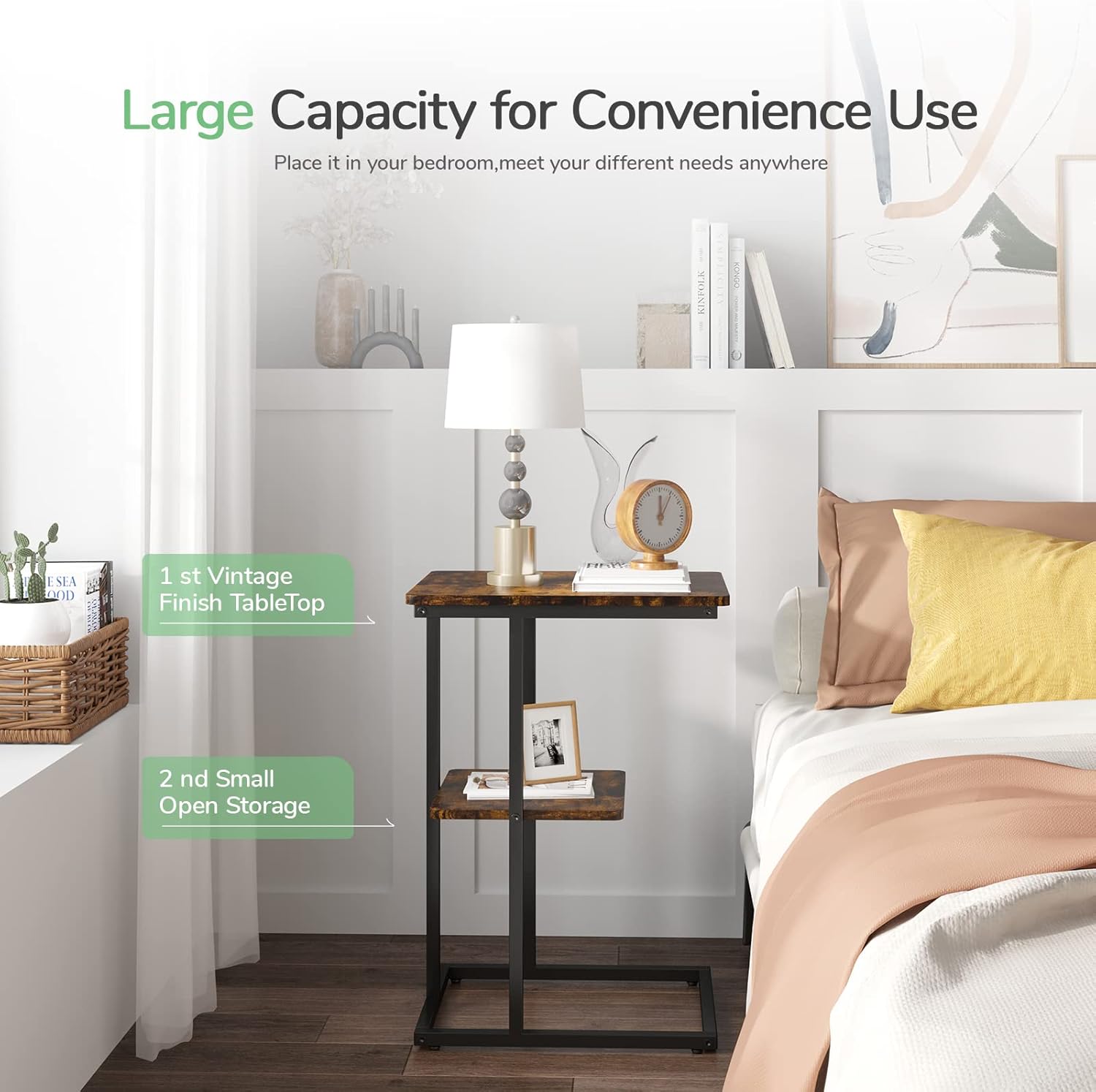 Novilla Snack Side Table C Shaped End Table Couch Table for Living Room Bedroom, Small Side Table with Metal Frame, Rustic Brown