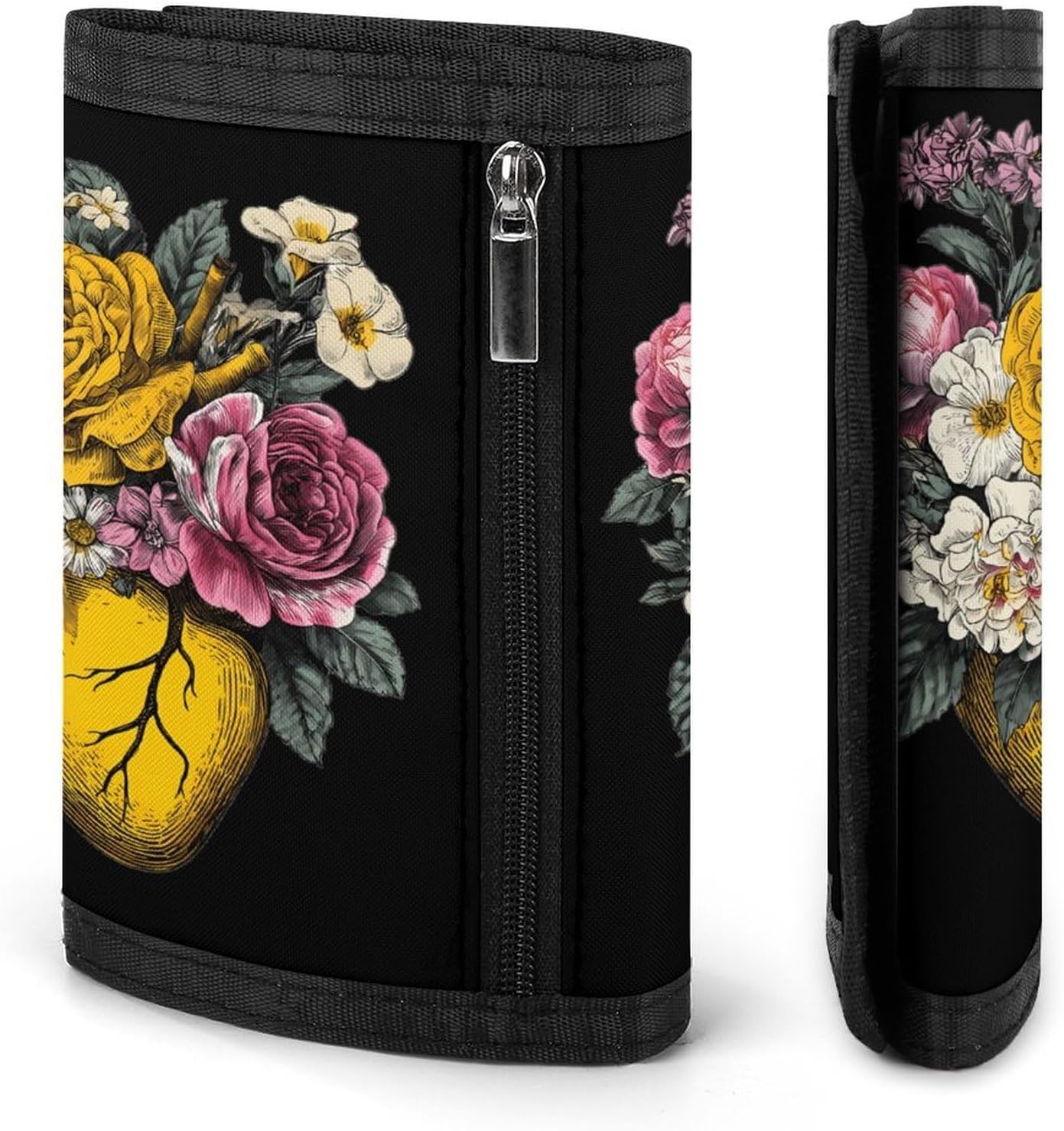 Yellow Heart with Flowers Trifold Slim Wallet Front Pocket With Money Clip And ID Credit Card Slots For Travel Work