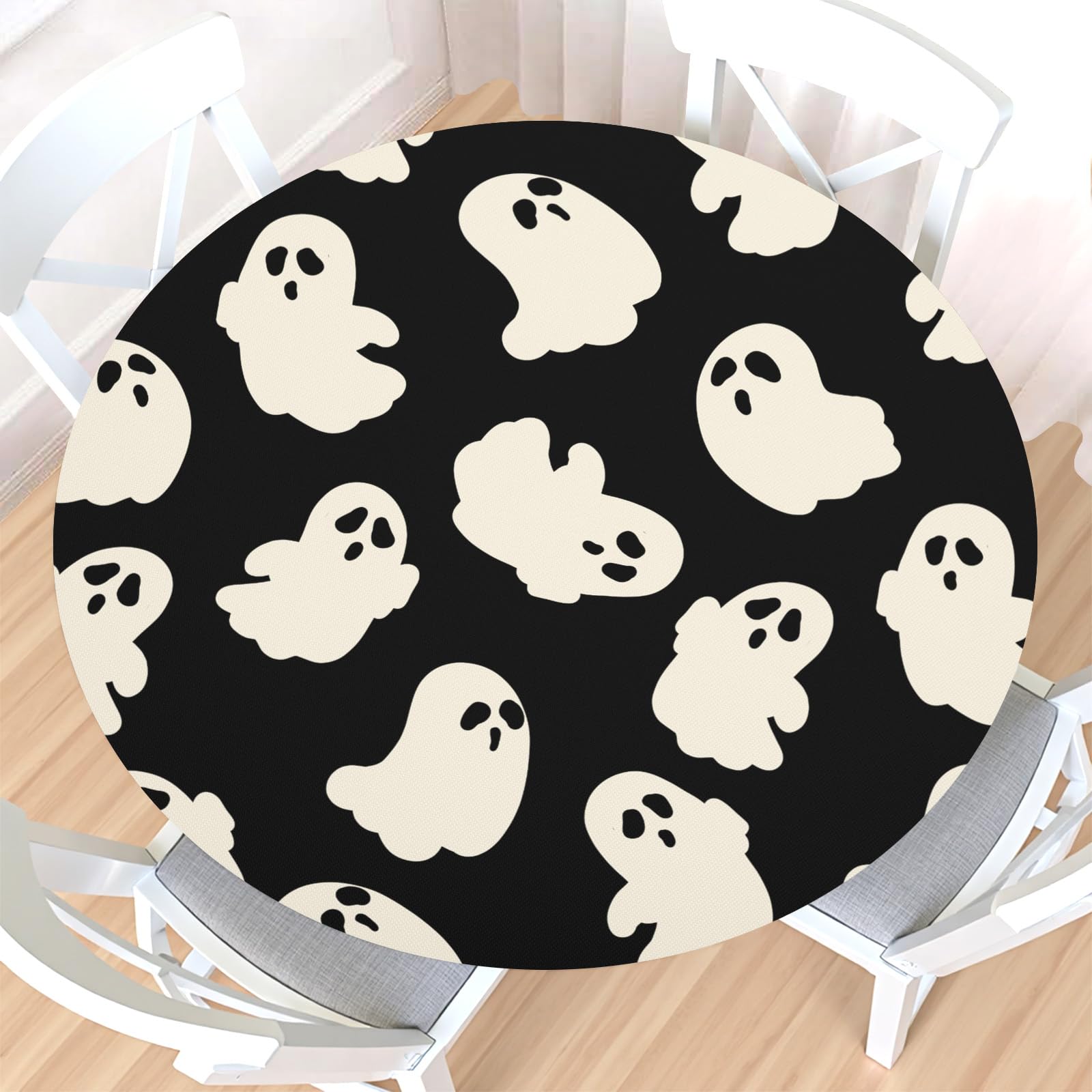 Halloween Round Fitted Tablecloth with Elastic Edge,Water-Resistant Picnic Happy Halloween White Ghost Black Table Cover for 48-52" Found Tables Ghost