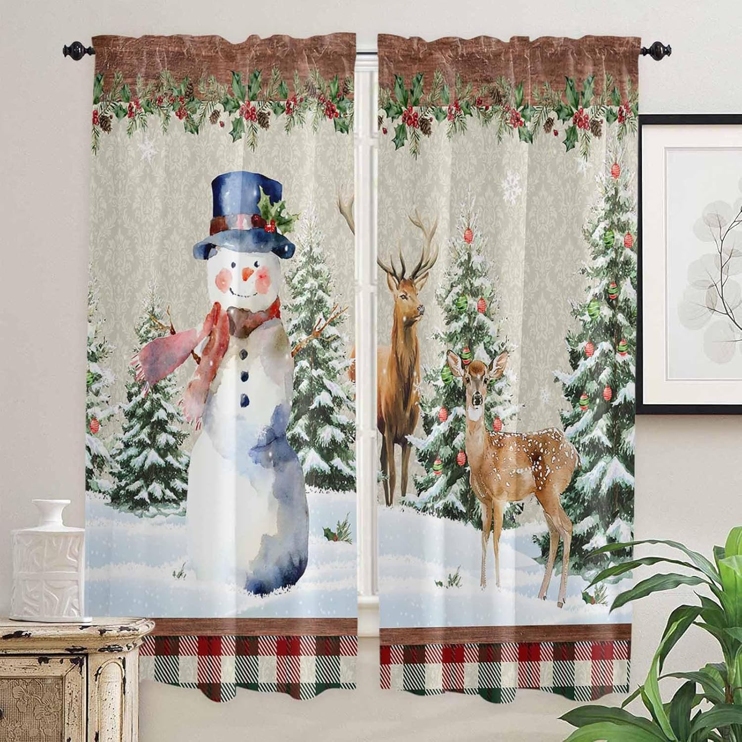 Snowman Christmas Window Curtains 72 Inch Long 2 Panel Set, Rod Pocket Long Curtains & Drapes, Xmas Tree Ball Farmhouse Plaid Elk Light Filtering Window Treatment for Bedroom Living Room 52"W x 72"L