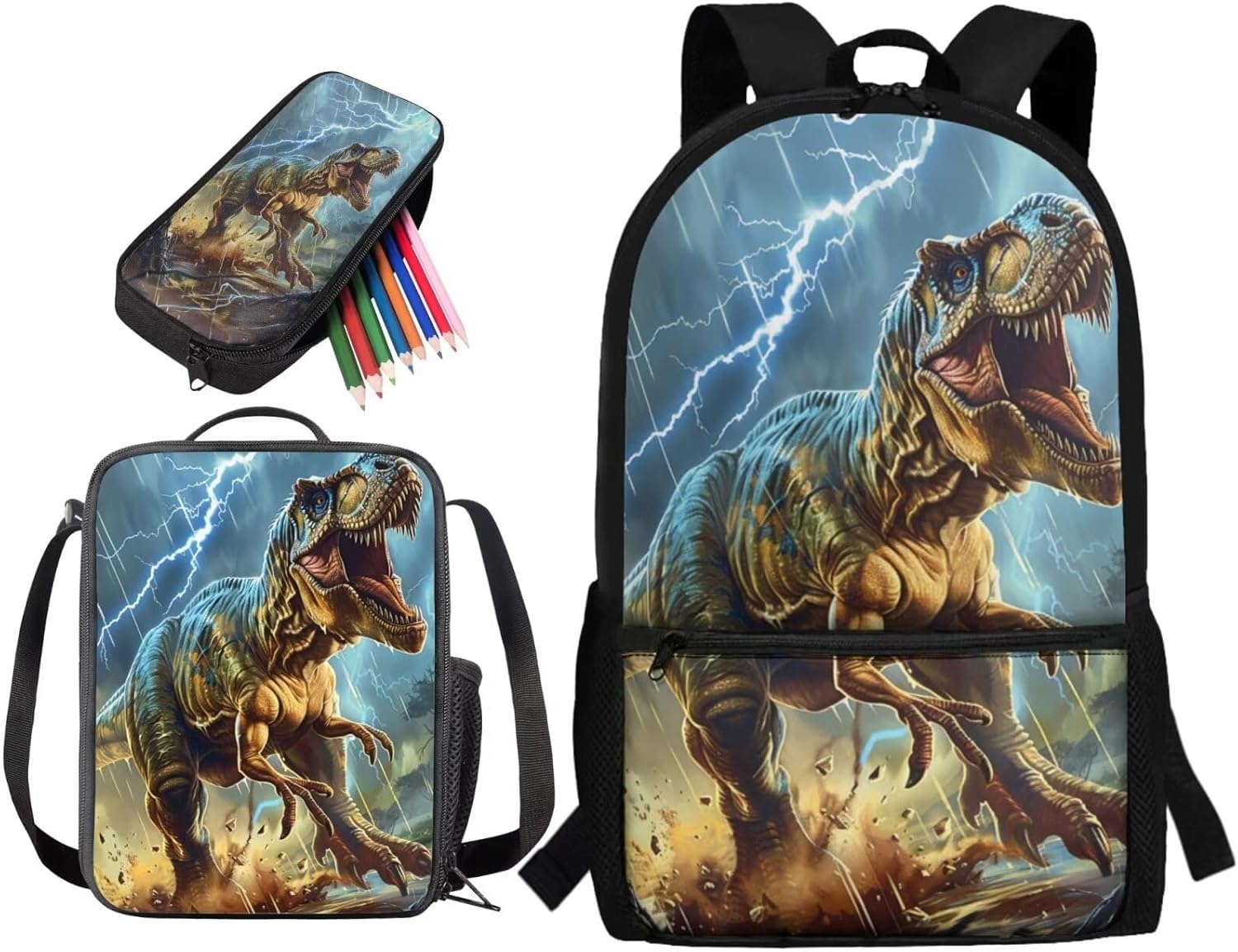 3D T-Rex Dinosaur Printed Backpack Set with Thermal Lunch Bag, Lightning Printed School Backpack and Pencil Case for Boys Teens, Lightweight 17 Inch Bookbag for Primary Middle