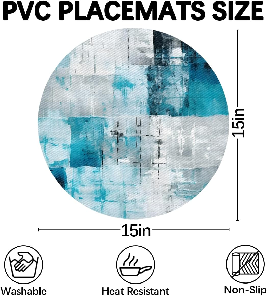 Turquoise Grey Abstract Painting PVC Wedge Placemats for Round Table Set of 5, Heat Resistant Dining Table Mats with Center Round Mat, Washable Non-Slip Place Mats