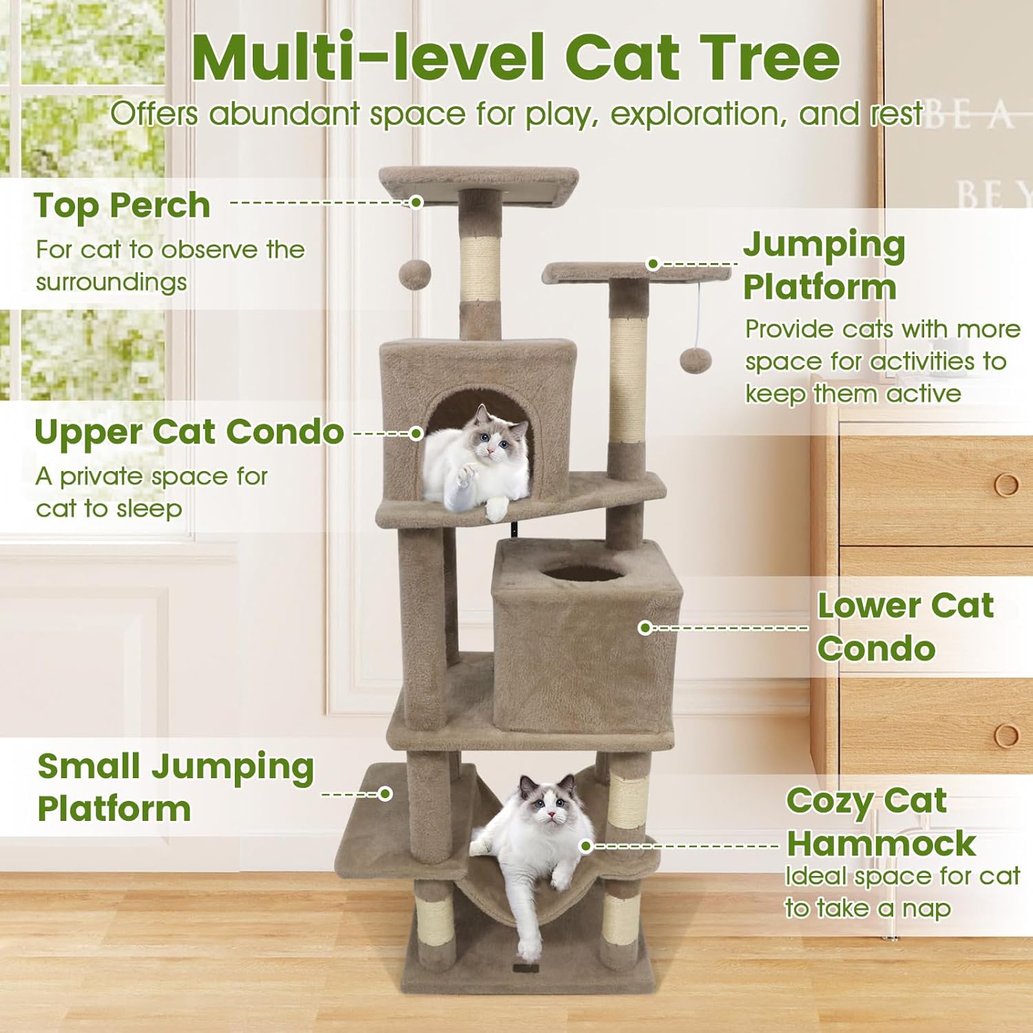 PETSITE 57-inch Modern Cat Tree, Multi-Level Cat Tower with 2 Comfy Condos, Sisal Scratching Posts, Plush Top Perch, Snug Hammock, and Dangling Balls, Ideal for Indoor Cats and Kittens (Coffee)
