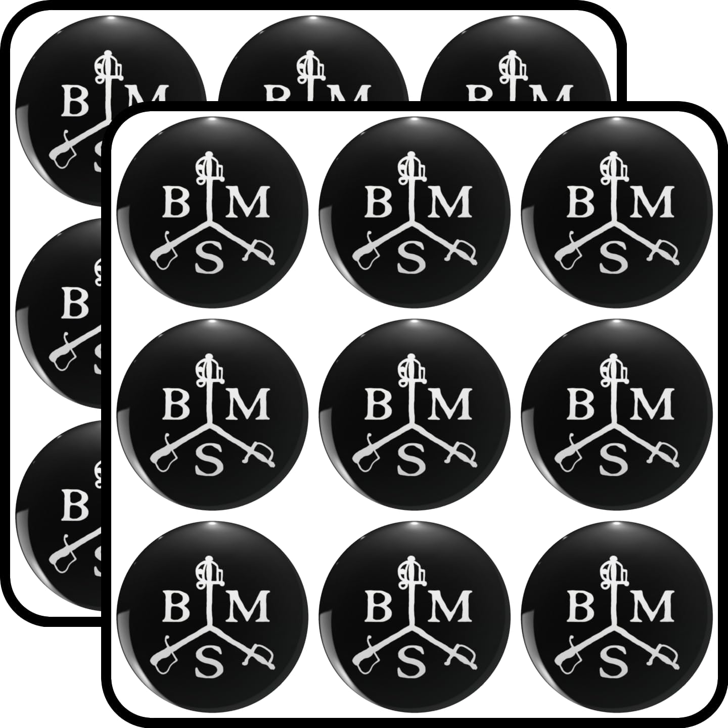 British Military Swordsmanship Three Crossed Swords BMS Logo Black Circle Design Gift 2 Inch 18-Pack Waterproof Vinyl Decals