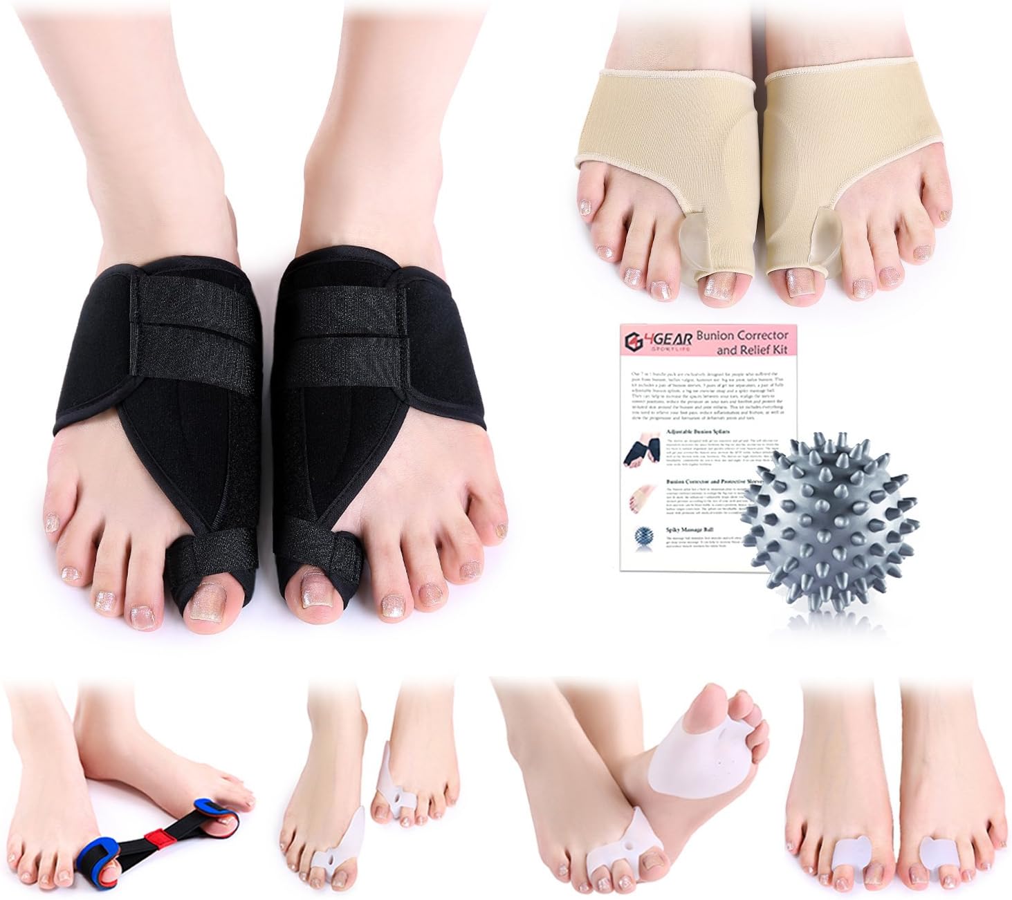 Bunion Corrector & Relief Kit-12 PCs-Adjustable Bunion Splints, Bunion Protective Sleeves, Toe Separators, Exercise Strap & Spiky Massage Ball-Pain Relief in Hallux Valgus, Hammer Toe & Tailor Bunion