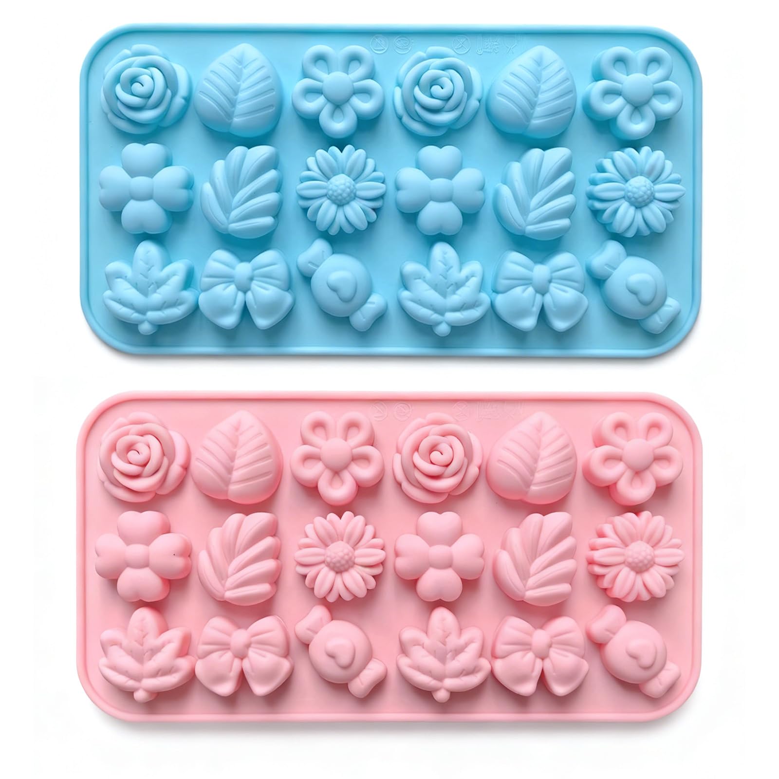 Silicone Flower Chocolate Molds Set, 2 Pcs Cute Rose Daisy Baking Mold, Reusable Non-Stick Moulds for DIY Cake Decorations Jelly Pudding Gummy Cupcake Toppers (Pink, Blue)