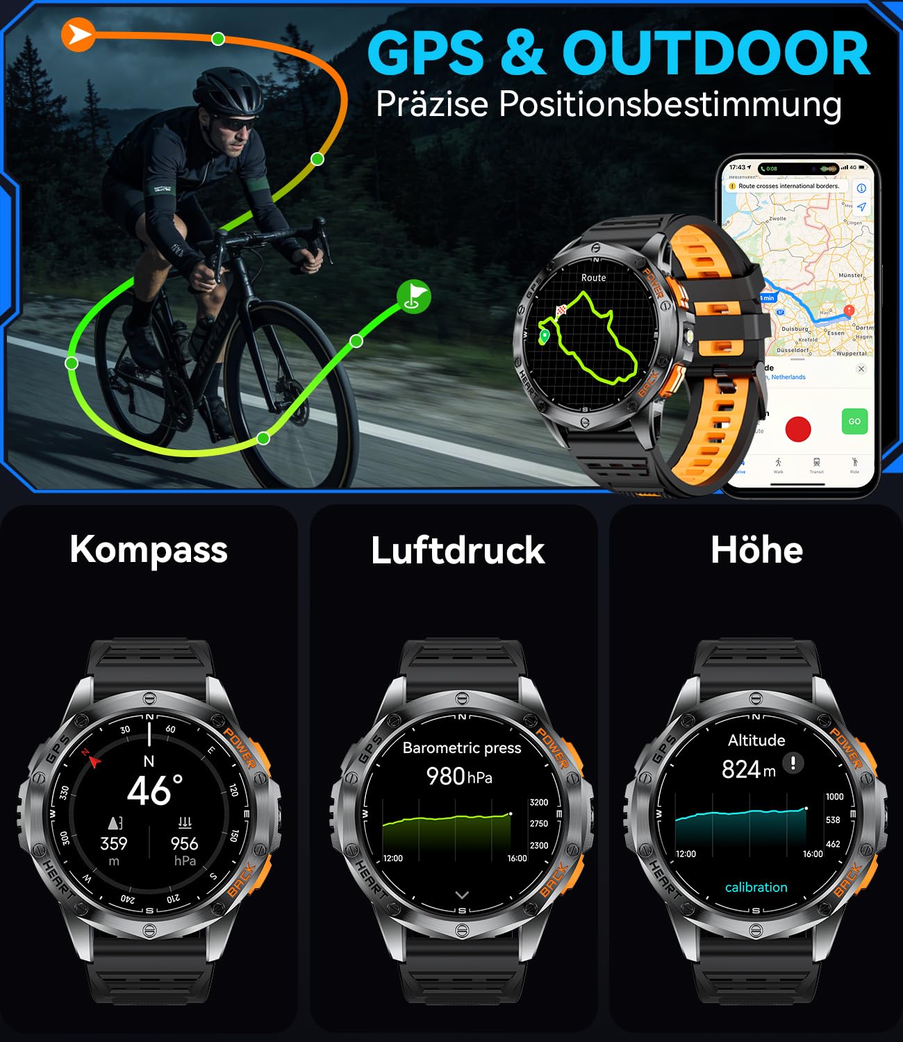 LIGE GPS Smartwatch Herren, Barometerdruck/Höhenmesser/Kompass, 1,43" AMOLED Smart Watch mit LED Taschenlampe/124 Sportmodi/10ATM/Bluetooth Anrufe/Gesundheitsmonitor für Android iOS, DM1-H