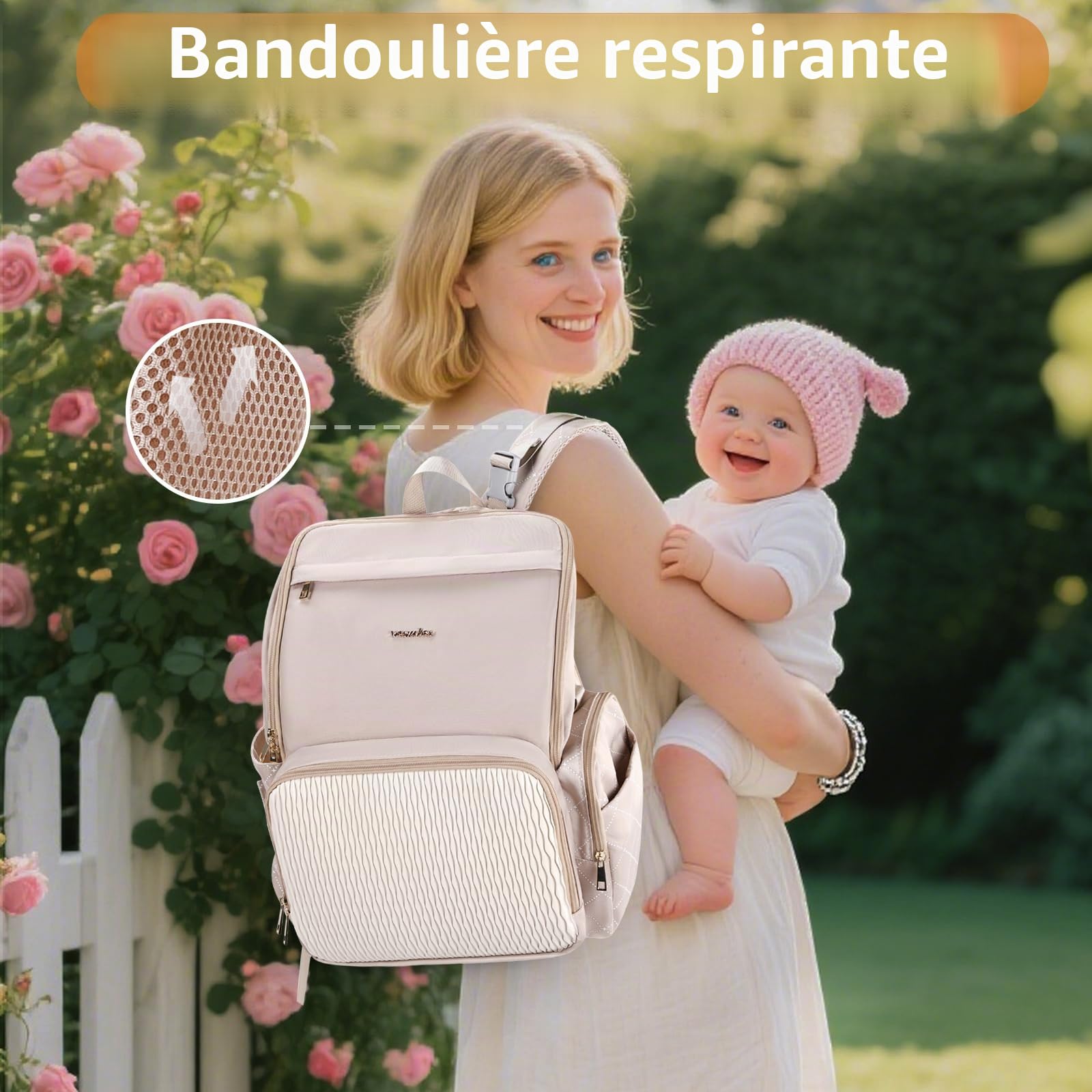 Élégant sac à langer pour bébé, sac pour bébé avec matelas à langer, étui pour tétine et sangles de poussette