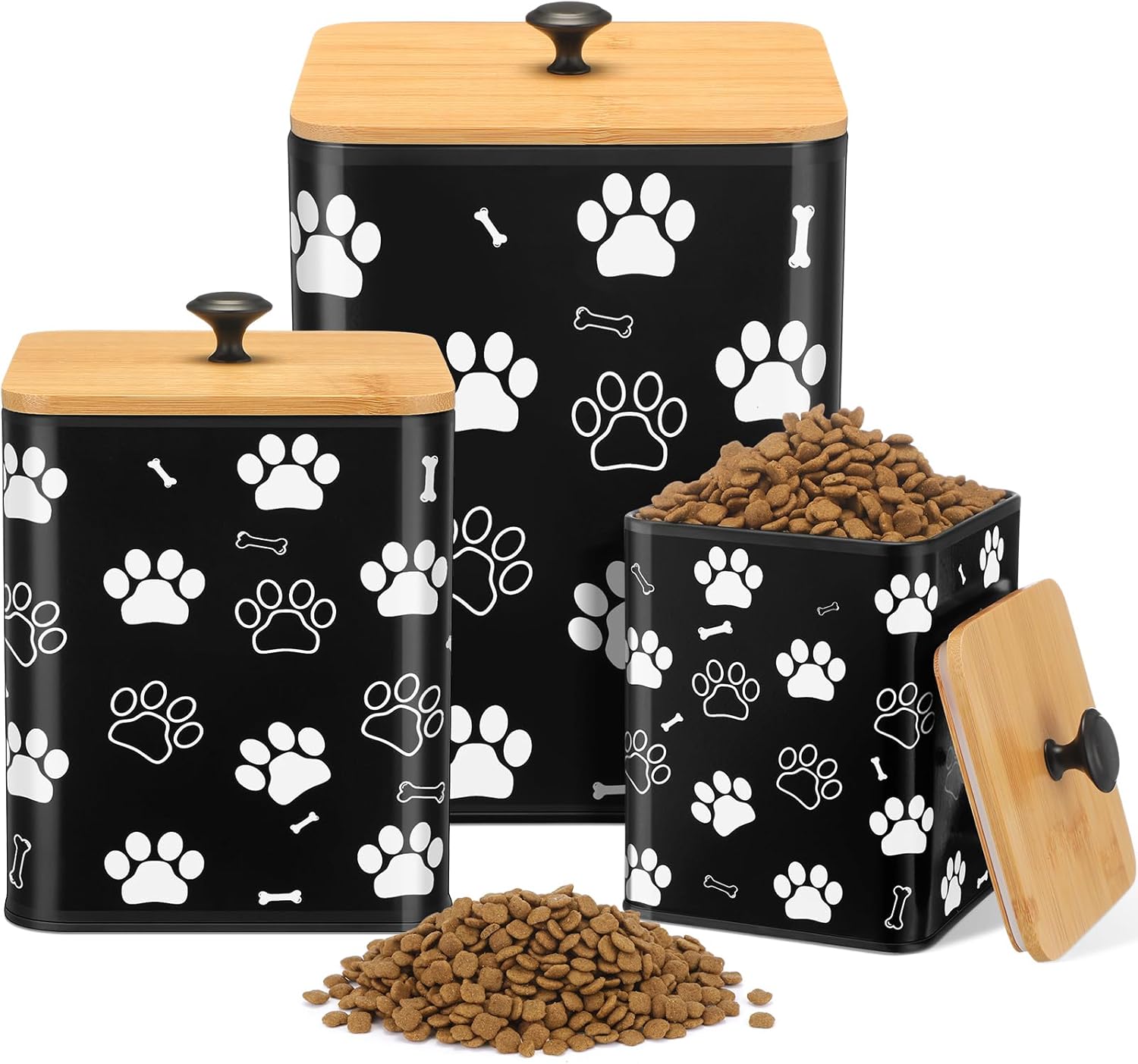 Airtight Dog Treat Container Set of 3 with Bamboo Lids Metal Treat Jars for Countertop Decorative Pet Snack Storage Canister Kitchen Biscuit Holder(Black)
