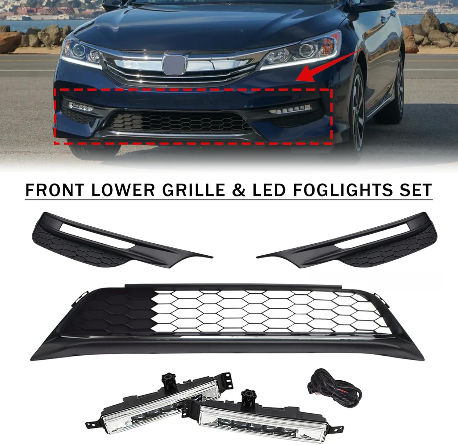Bewild Front Lower Grille & LED Fog Lights Lamps Set Fit for 2016 2017 Honda Accord Sedan Front Bumper Grille Fog Light Lamp Kit Replacement