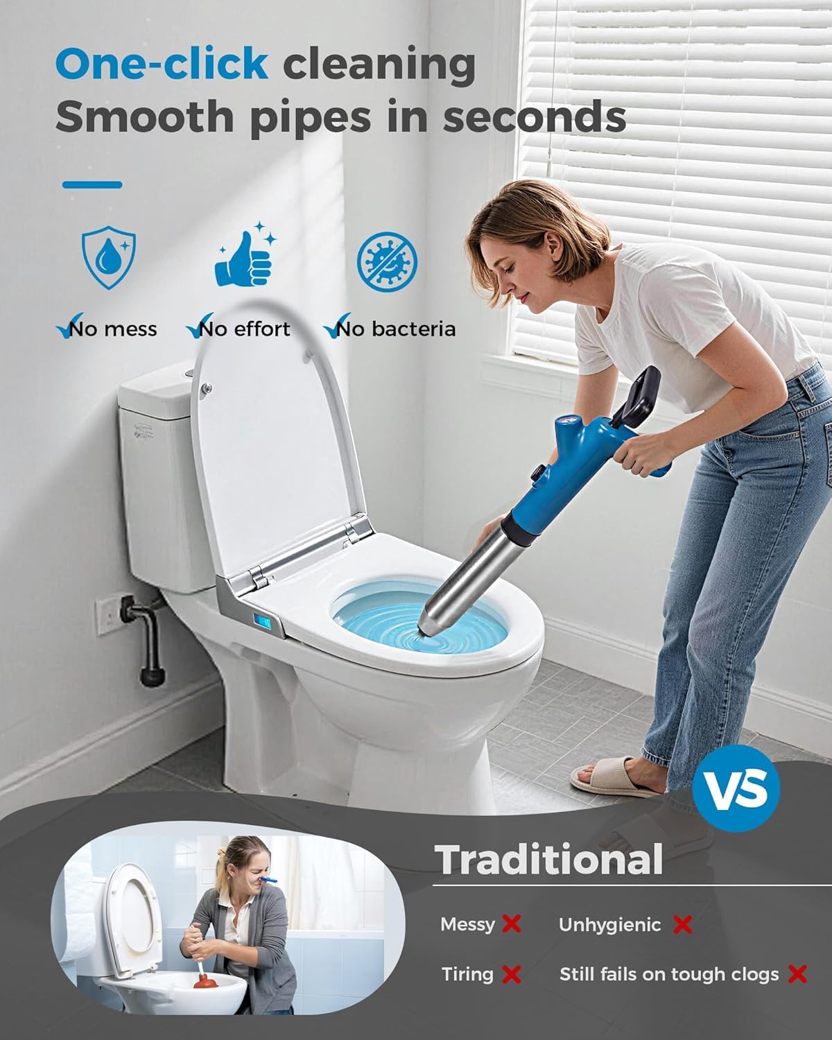 BOTEMY High Pressure Toilet Plunger & Drain Auger with Real-Time Gauge, Heavy-Duty Air Unclogger for Toilets, Sinks & Drains