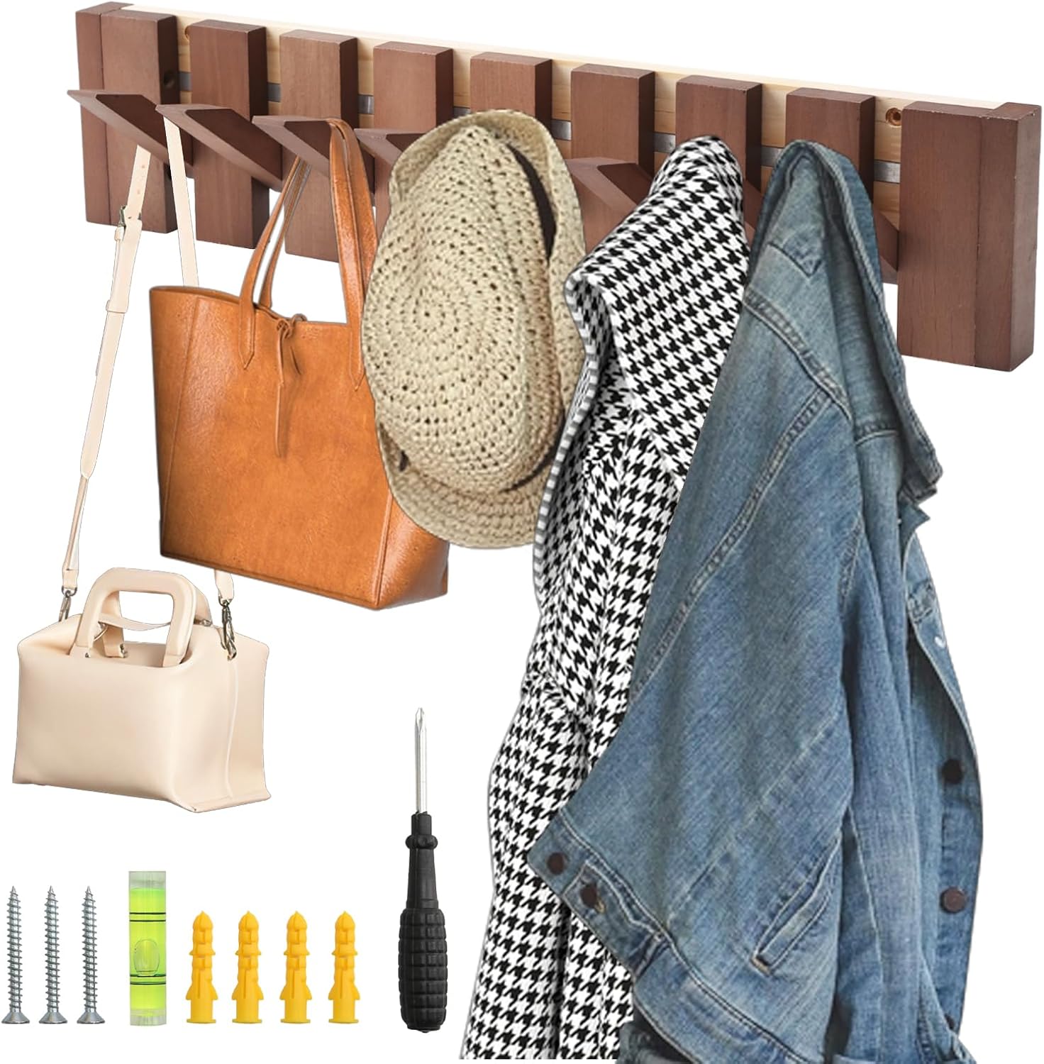 Wall Mounted Piano Coat Rack with 8 Magnetic Flip Down Hooks, Natural Wood Coat Rack for Entryway, Hallway, Bedroom, Heavy Duty Coat Hooks for Coats, Keys, Hats, Bags, Towels & More