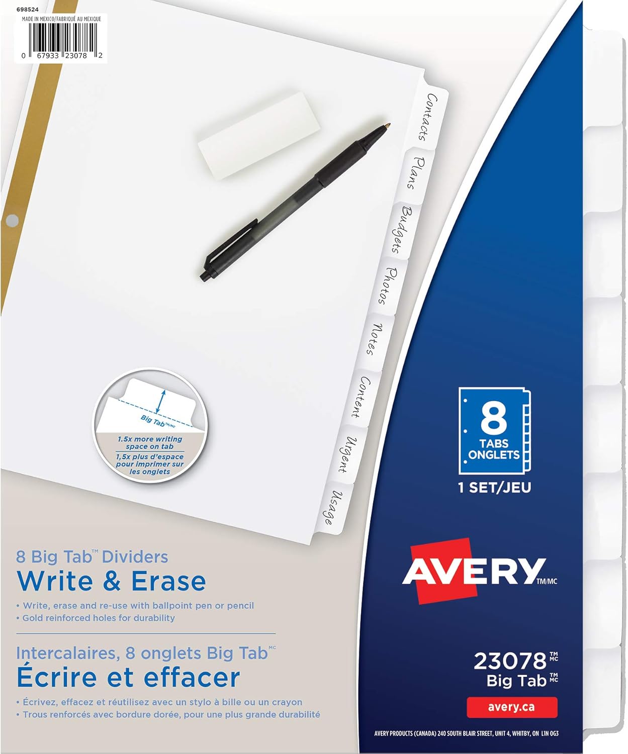 Avery 8-Tab Binder Dividers, Write & Erase White Big Tabs, 1 Set (23078) : Binder Index Dividers : Office Products