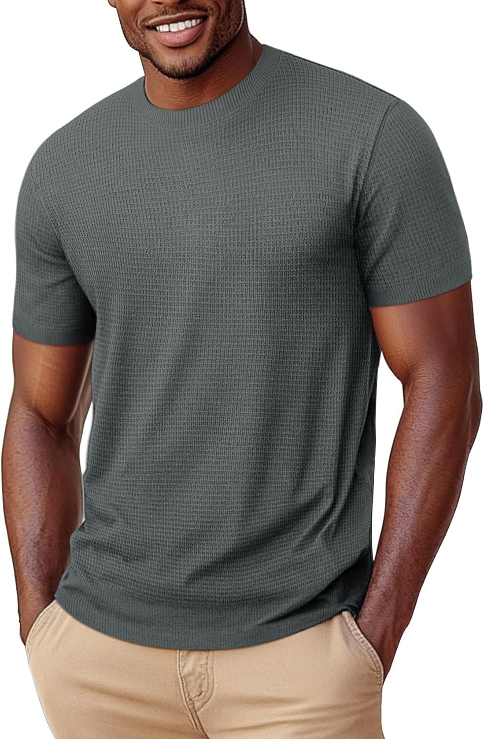 LOGEEYAR Men's Fashion Crewneck Knitted T-Shirts Short Sleeve Textured Pullover Tees Casual Waffle Knit T Shirts for Men