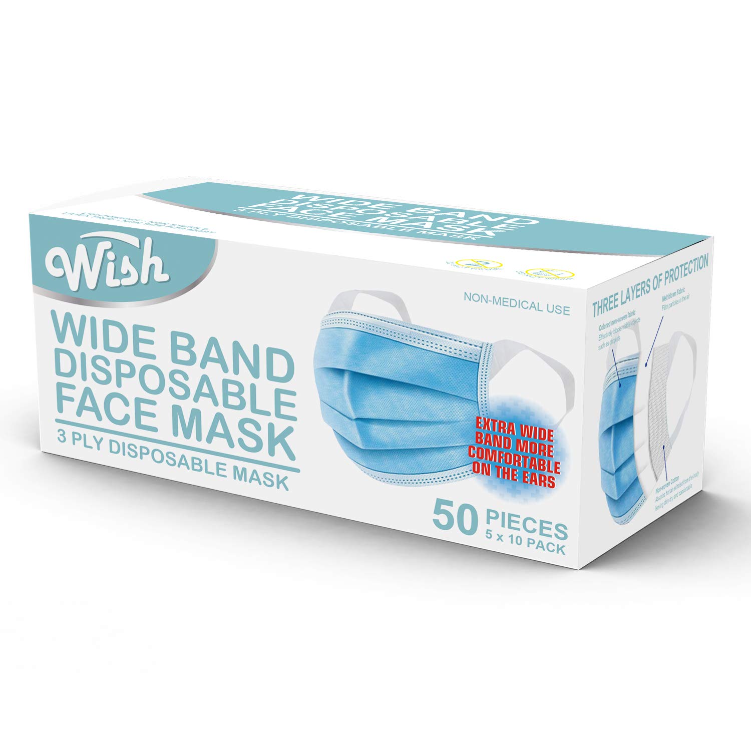 Wish Disposable Face Masks, Pack of 50, Wide Ear loop For Extra Comfort, 3 Ply, Ships from USA