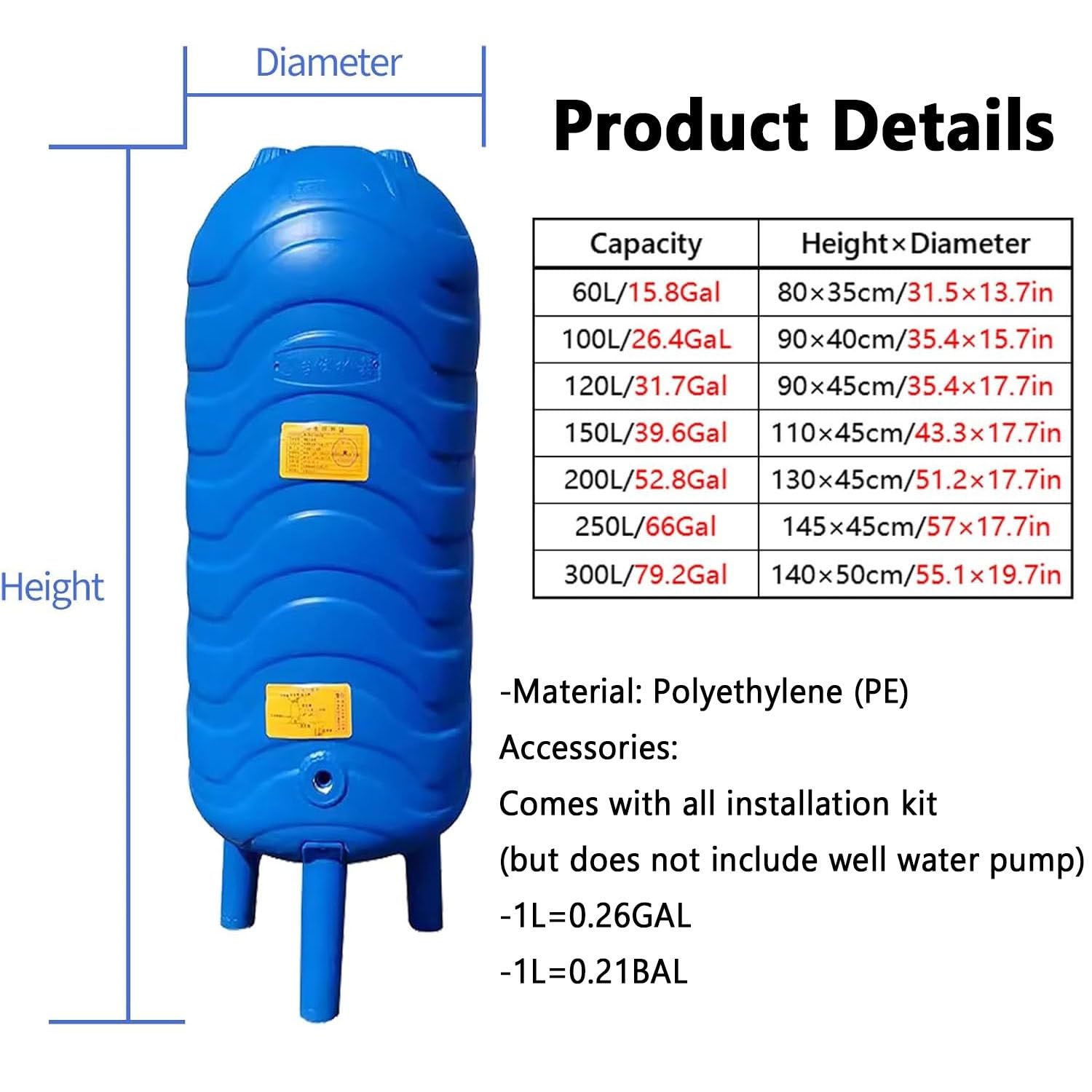 Tanque de Presión Automático PE 60L-150L para Pozo de Agua Vertical 100L/26.4GaL | Depósito Presurizado con Vejiga y Kit de Montaje | Almacenamiento para Bomba de Pozo,Hogar y Riego