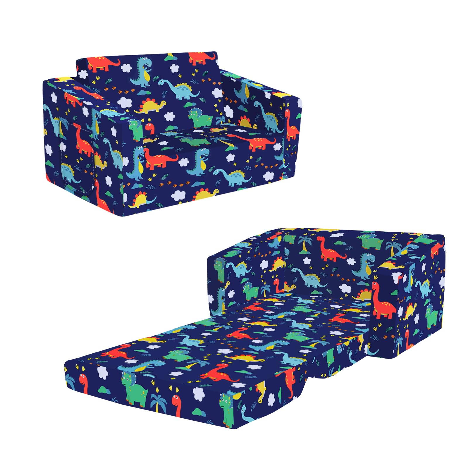 Canapé Pliant pour Enfants Canapé-Lit Convertible 2 en 1, Canapé-Lit pour Bébés Stable Confortable avec Pochette en Tissu, Canapé Chaise Léger pour Chambre à Coucher Salle de Jeux, Dinosaures