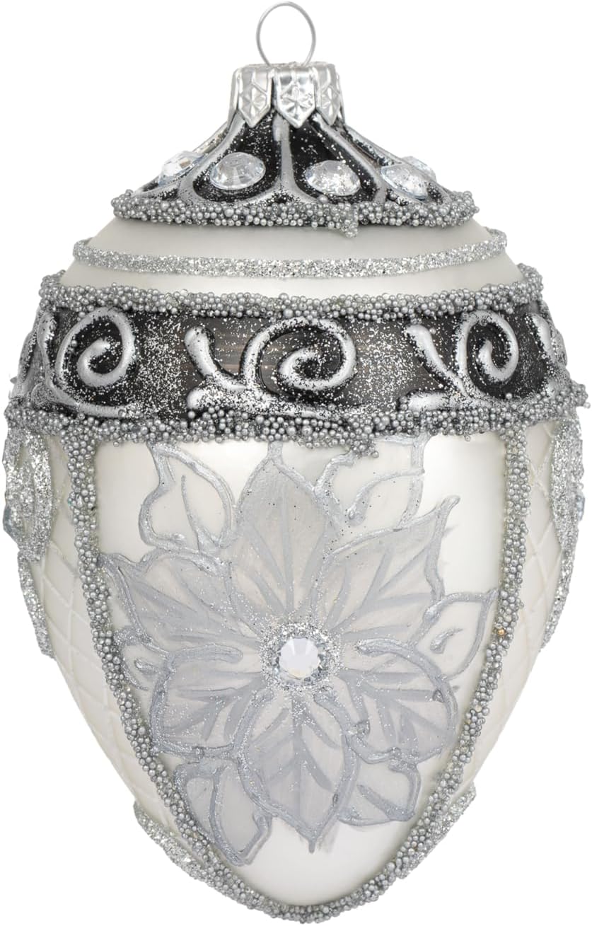 Fabergé Egg 5-Inch Blown Glass Christmas Tree Ornament Holiday Poinsettia (Silver, 5")