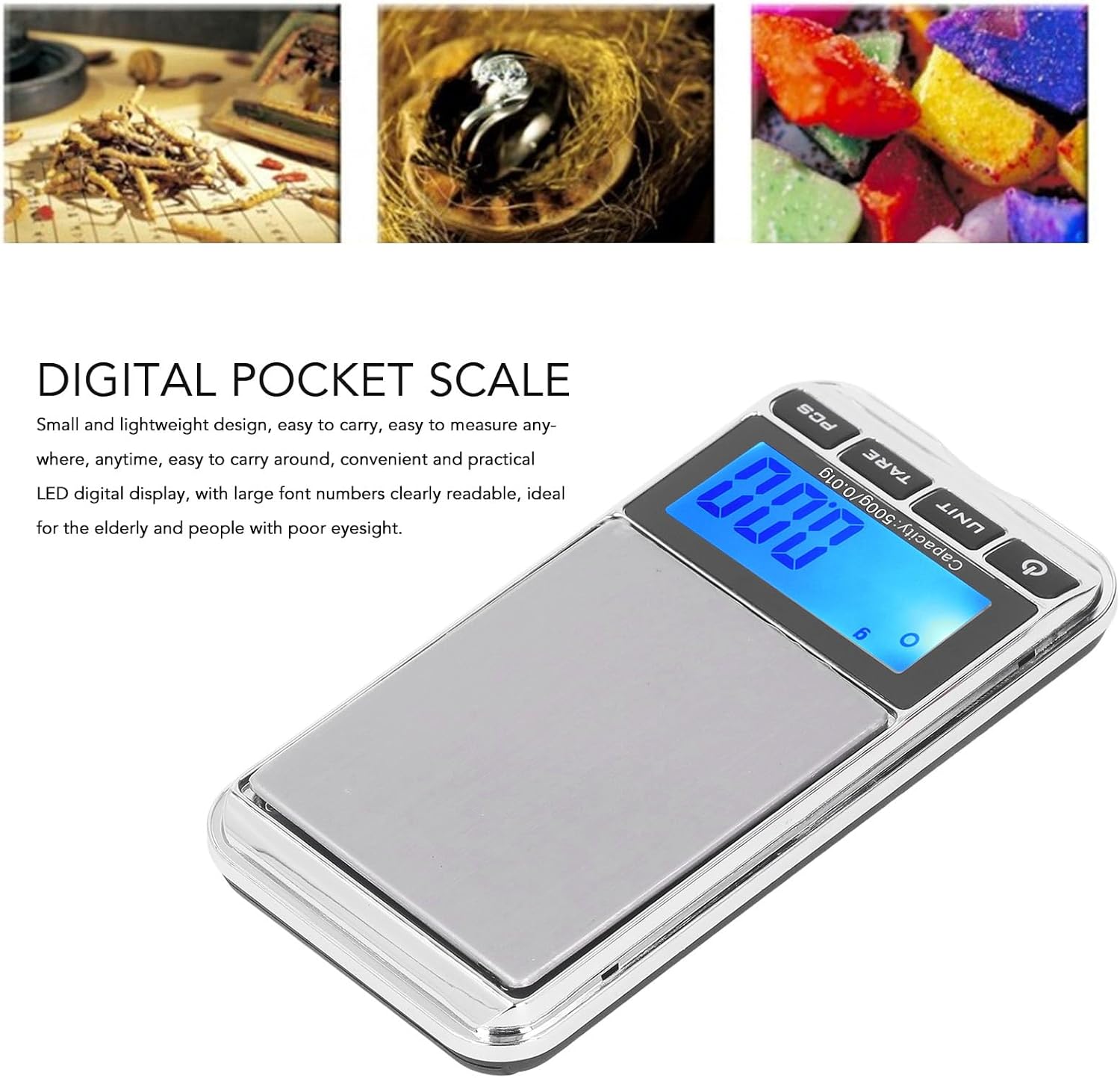 Luqeeg Digital Pocket Scale with various small items