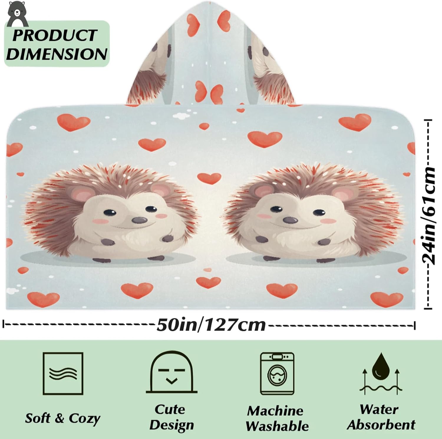 Hedgehog Print Hooded Towels for Kids Absorbent Soft Pool Swim Beach Bath Towel for Boys Girls, 24 in x 50 in