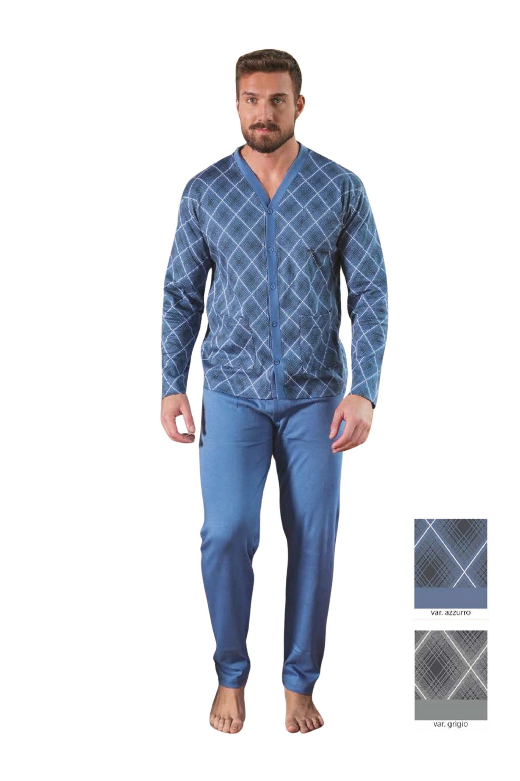 Leo Corsetteria Pigiama per Uomo Lungo 100% Caldo Cotone Invernale Aperto Bottoni Tre Tasche