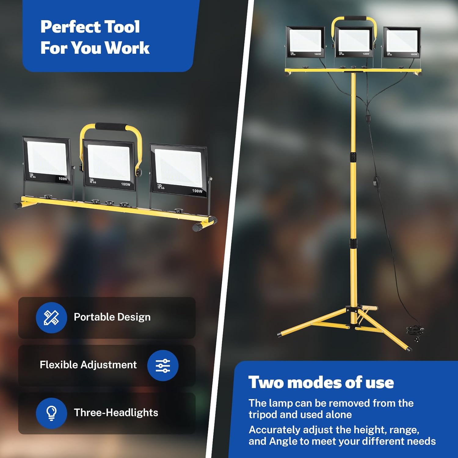 30000 Lumen LED Work Lights with Stand, 3 Adjustable Head Portable Work Light with Foldable Tripod Stand, IP66 Waterproof Tripod Worklights with 6500 Kelvin Color Temperature for Outdoor Indoor