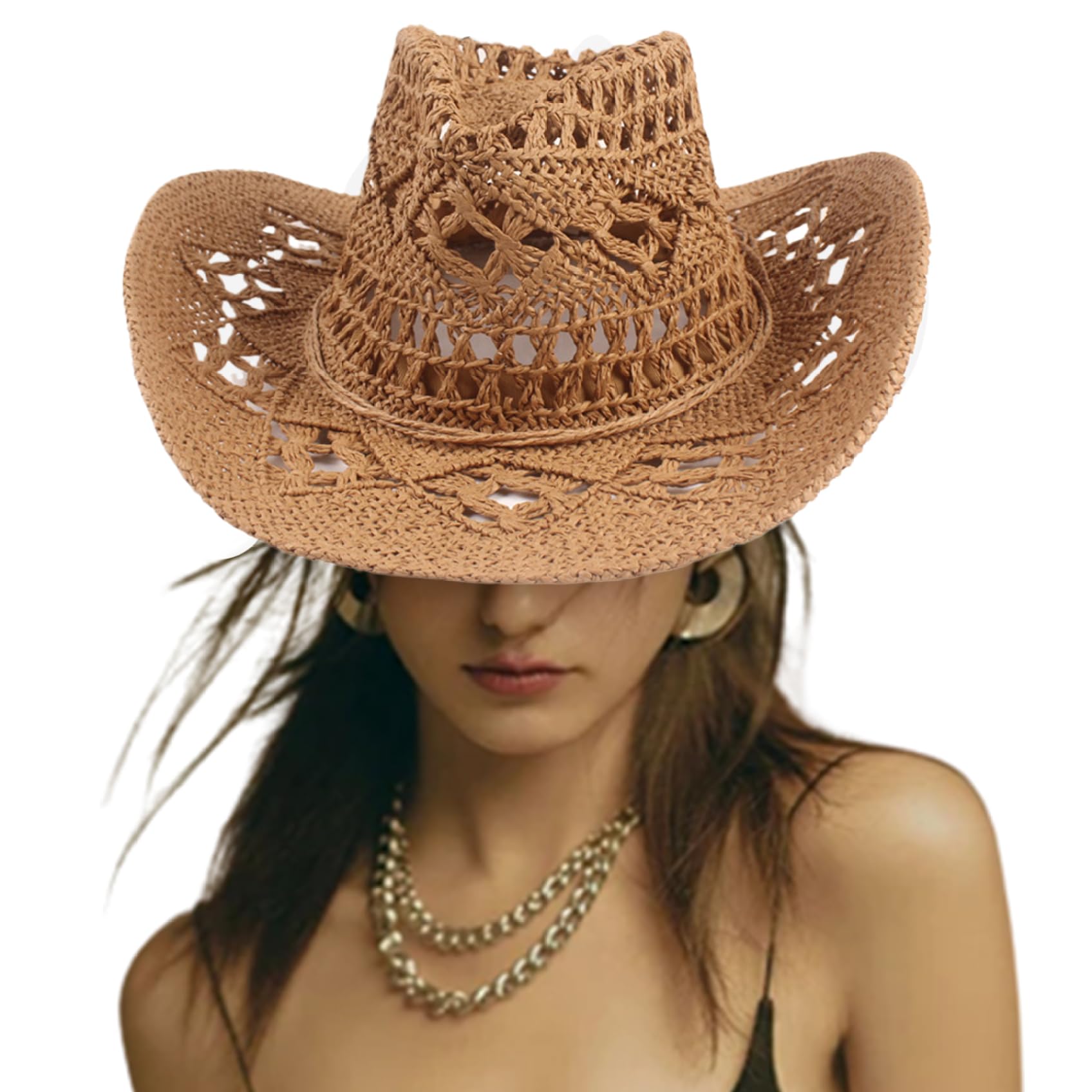 Cappelli da cowboy in paglia traspirante scavato cappello da cowgirl protezione solare modellabile cappello da cowgirl occidentale arrotolabile a tesa larga per vacanze estive vacanze spiaggia