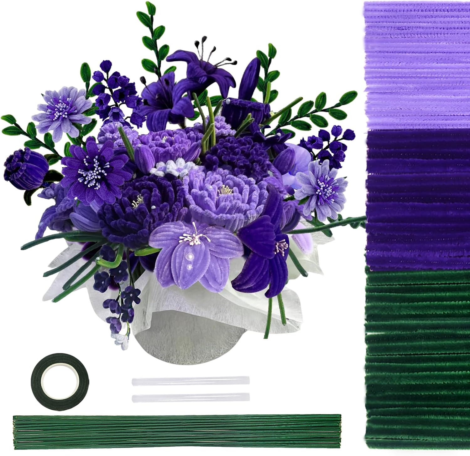 TOAOB 200pcs Pipe Cleaners Craft Supplies DIY Tulips Bouquets Making Kit Purple Chenille Stems Artificial Flowers Craft Kit for DIY Art and Crafts Party Wedding Home Decorations