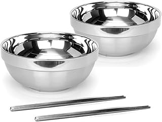 Vacuum Insulated Double Skin Stainless Steel Korean Traditional Naengmyeon Bibimbap Bowl 2 pcs 7.1 inches With Chopsticks