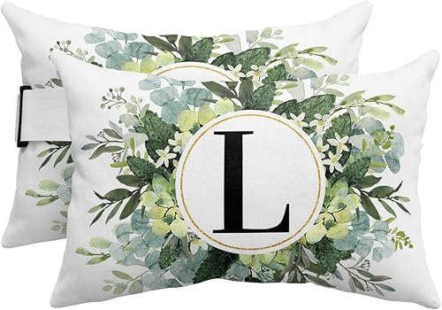 Anzona Paquete de 2 fundas de almohada lumbares con hojas de eucalipto, monograma de letra L para exteriores, impermeables, para exteriores, fundas