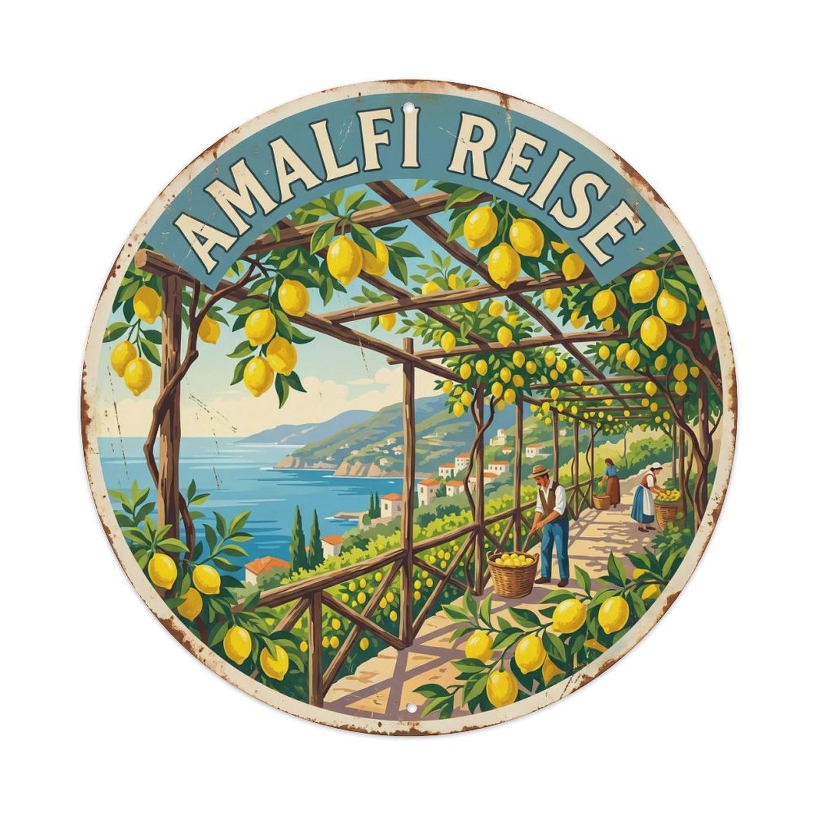 Vintage Travel Amalfi Lemon Harvest Countryside Metal Tin Sign Plaque Wall Decor for Cafe, Club, Garden Round Metal Poster 8x8Inch