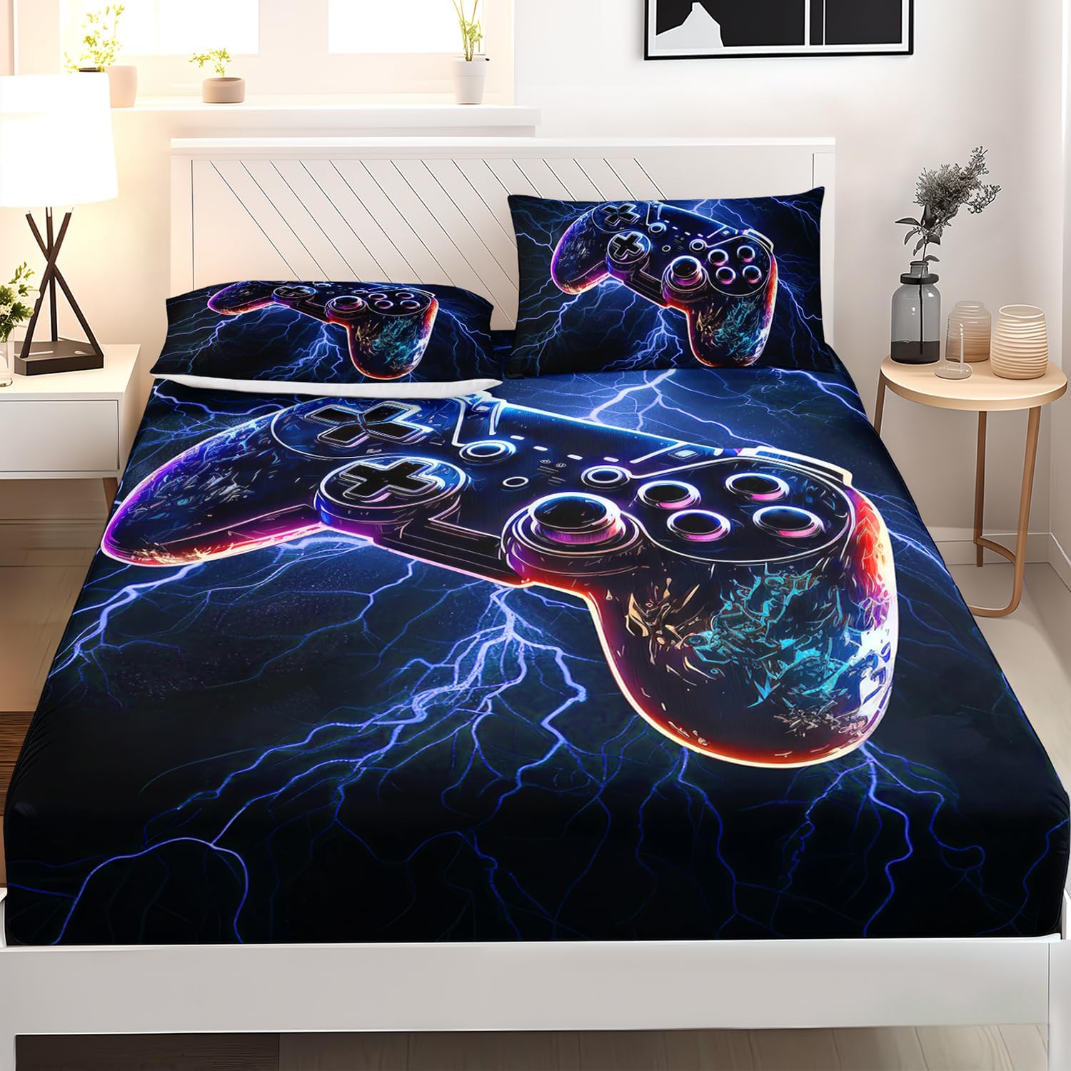 AILONEN Blue Black Gaming Fitted Sheet Set for Kids,Boys Twin XL Lightning Gamepad Video Game Bedding Set,Soft 3 Pieces, 1 Fitted Sheet with 2 Pillowcases Game121 Twin XL